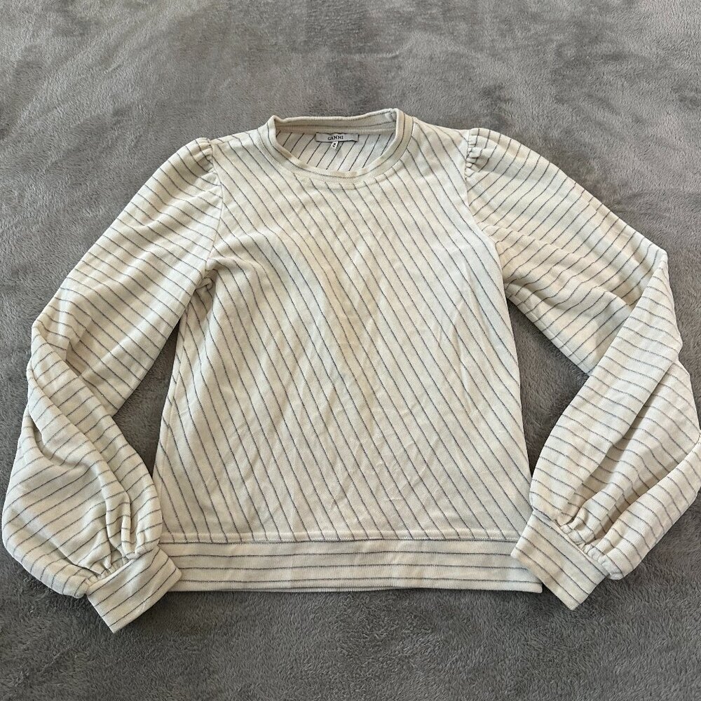 Ganni Puff Sleeve Sweater Women's 34 US XS Cream Rainbow Glitter Stripe